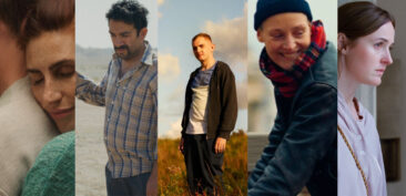 Zestaw pięciu fragmentów kadrów filmowych przestawiających kolejno: przytulającą się parę, mężczyznę w kraciastej koszuli, stojącego samotnie młodego mężczyznę, uśmiechającą się kobietę w czapce i patrzącą poza kadr młodą kobietę.